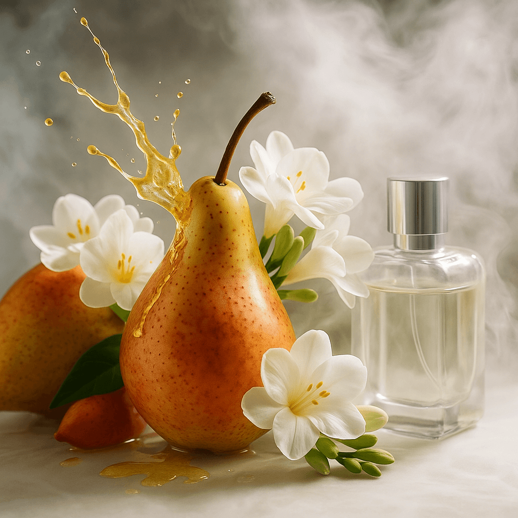 잉글리쉬 페어 프리지아 향수 이미지화 물방울이 튀는 잘 익은 붉은빛 서양배 세 알 옆에 하얀 프리지어 꽃다발과 투명한 향수 보틀이 놓여 있고, 부드러운 안개가 주변을 감싸 몽환적인 분위기를 자아내는 장면