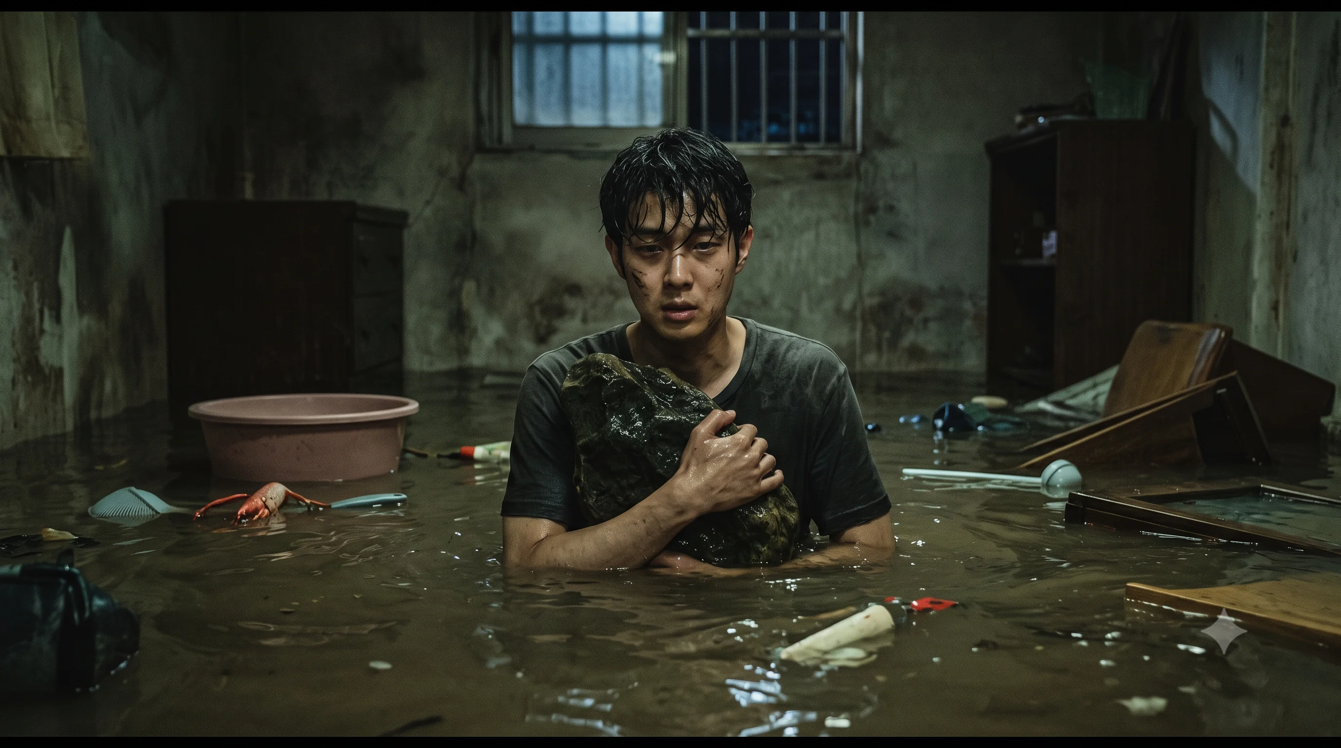 영화 기생충 수해 침수 속에서 기우가 끝까지 품에 안고 놓지 못한 수석 스틸컷