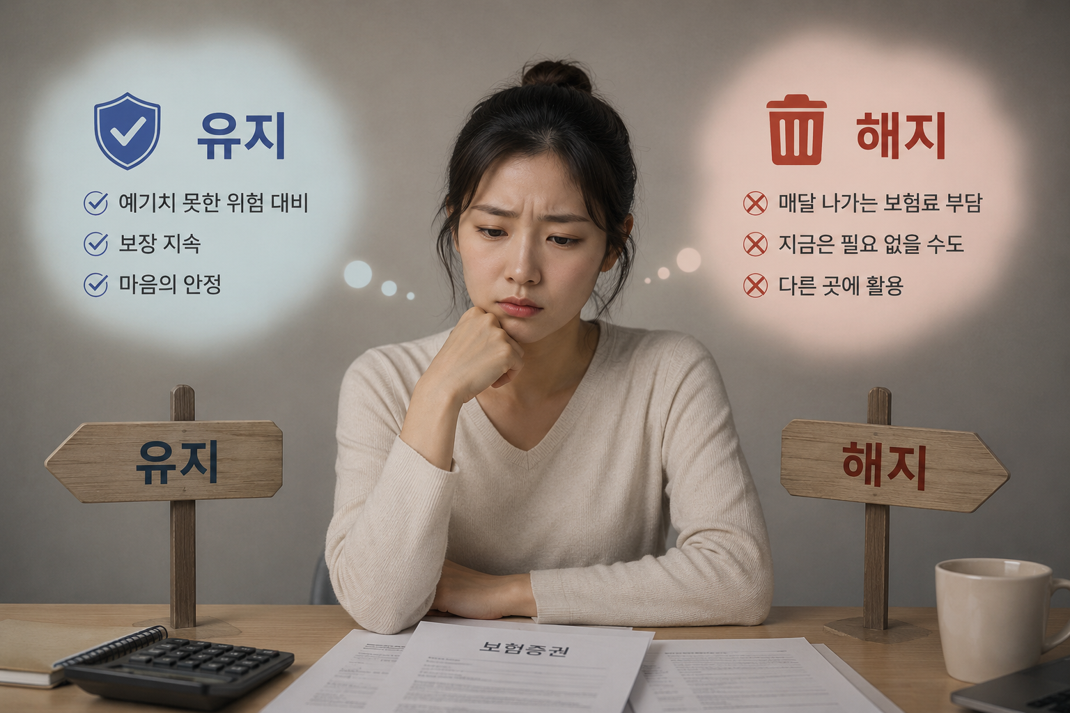 보험 유지와 해지를 고민하는 여성 캐릭터를 중심으로 양옆에 유지와 해지의 특징을 비교한 인포그래픽 썸네일