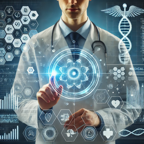 의료 전문가가 홀로그램 인터페이스를 통해 AI 기반 데이터와 상호작용하는 모습