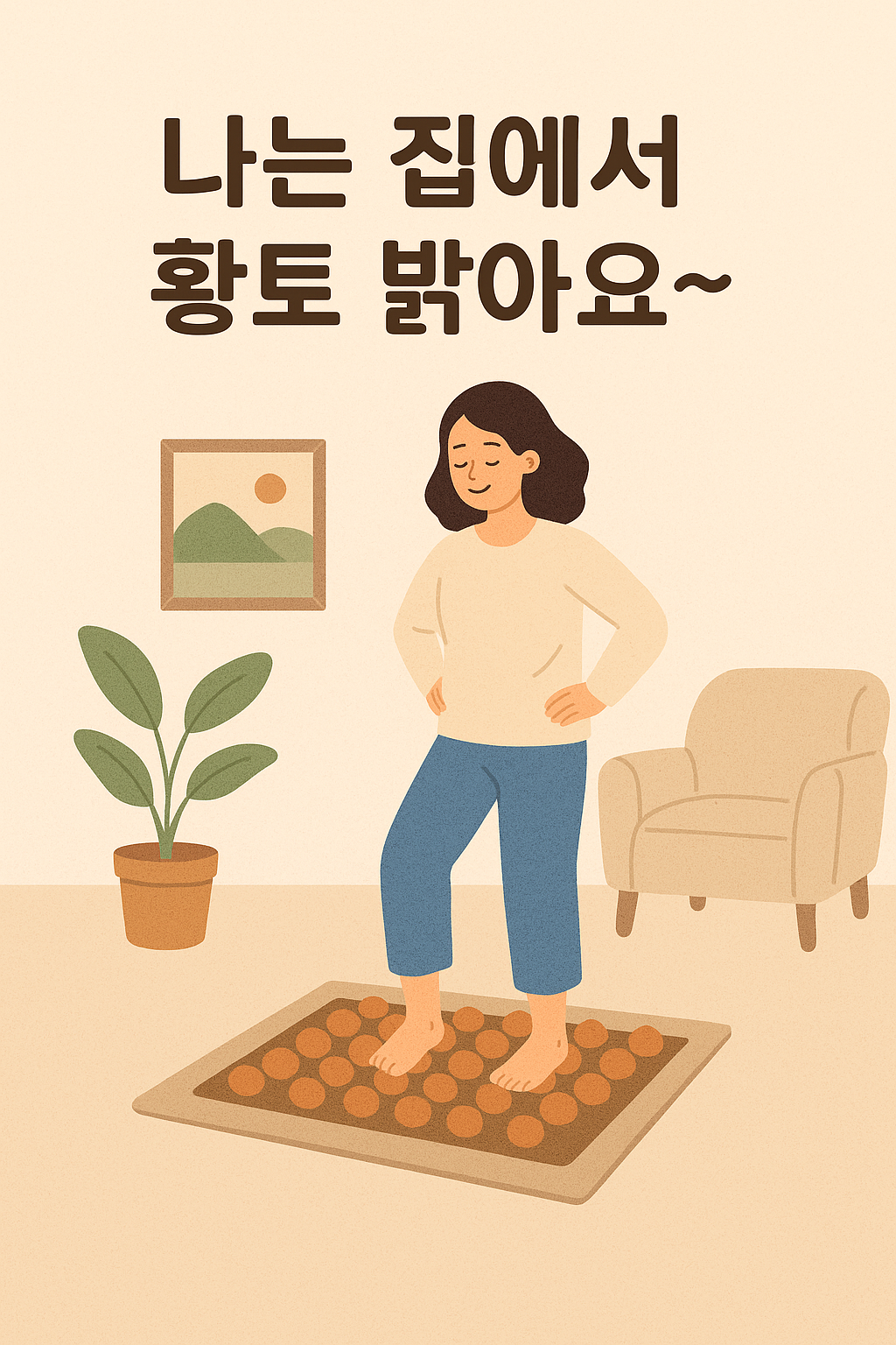 노란 티셔츠를 입은 여성이 실내에서 맨발로 황토볼을 밟으며 미소 짓는 장면, 위에는 &lsquo;나는 집에서 황토 밟아요~&rsquo;라는 따뜻한 문구가 삽입된 감성 일러스트&rdquo;