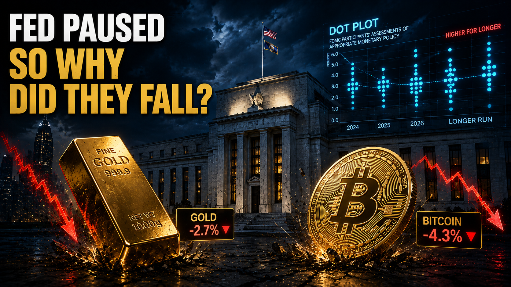 Federal Reserve building with a Dot Plot chart as gold and Bitcoin decline after a Fed rate pause, illustrating market reactions to future monetary policy expectations.
