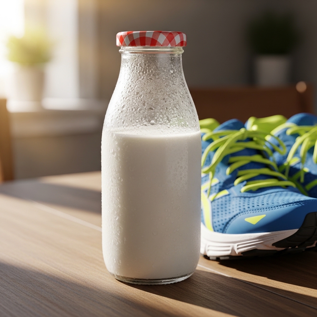 건강한 생활 습관을 상징하는 우유와 운동화