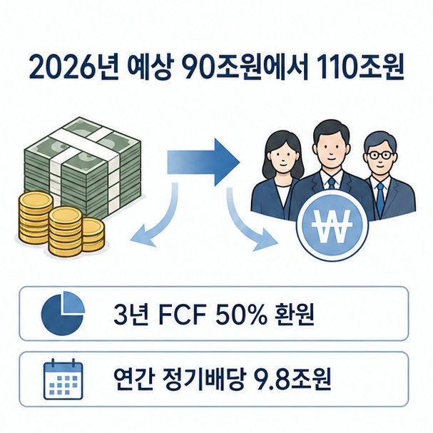 삼성전자가 2026년 약 90조 원에서 110조 원의 주주 환원을 예상하고 3년 누적 잉여현금흐름의 50%를 환원하는 구조를 보여주는 그림