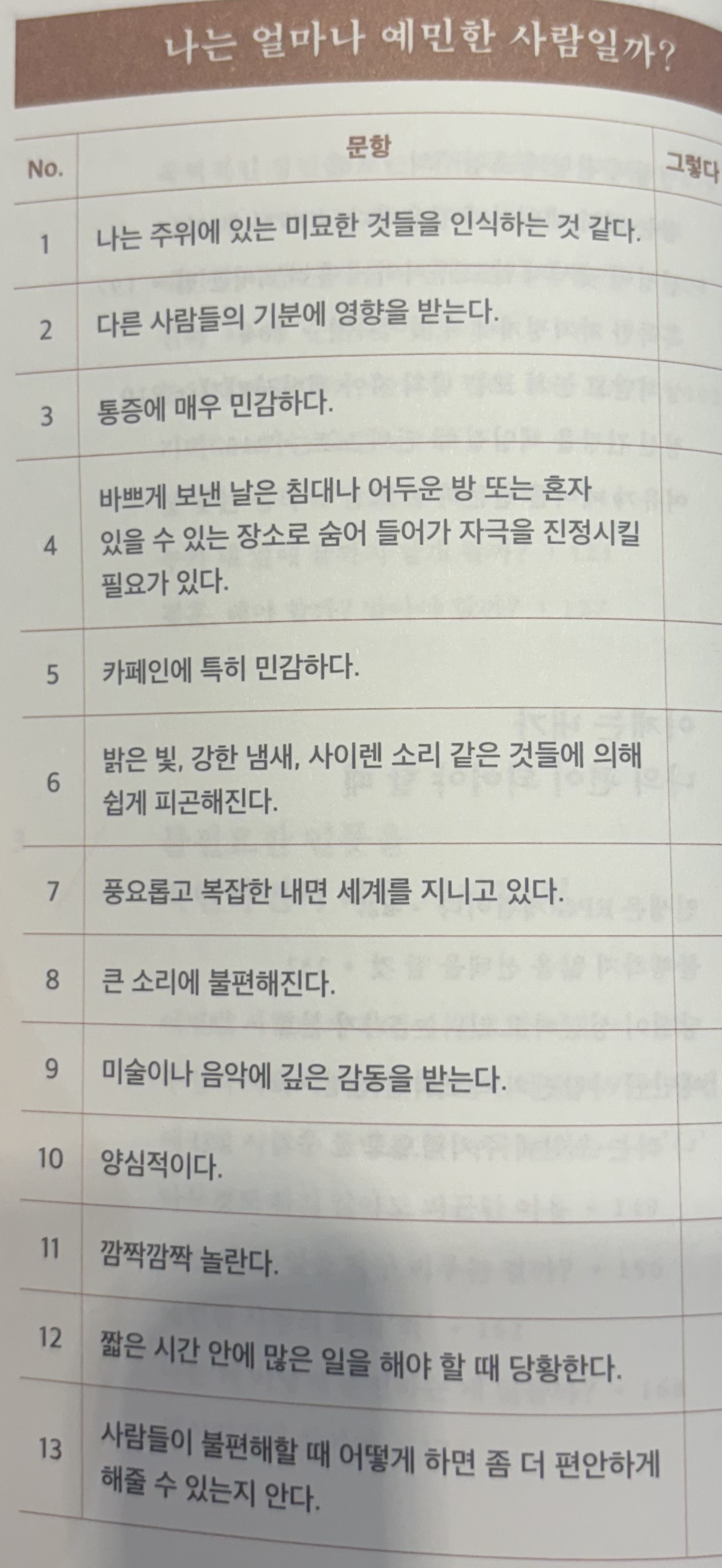 책 &amp;#39;나는 왜 이렇게 쉽게 지칠까&amp;#39; 中 HSP 테스트 