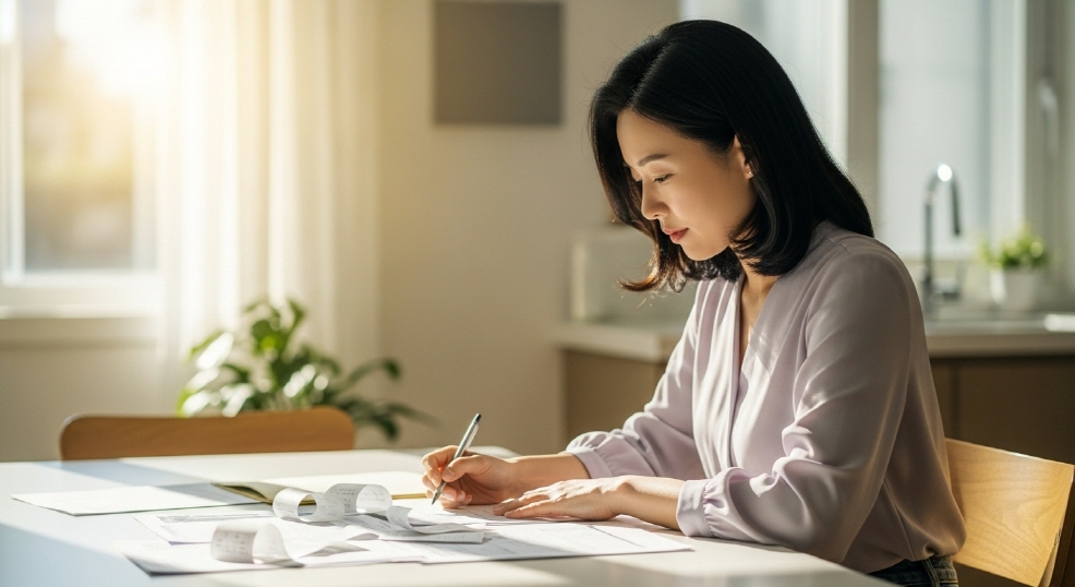 집에서 가족 예산을 계산하는 엄마