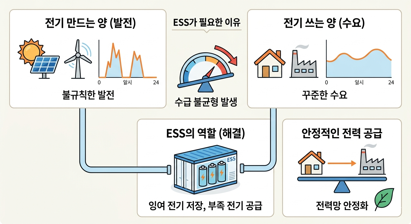 ESS의 역할 안정적인 전력 모자랄때 공급 꾸준한 수요로 안정성 확보 인포그래픽