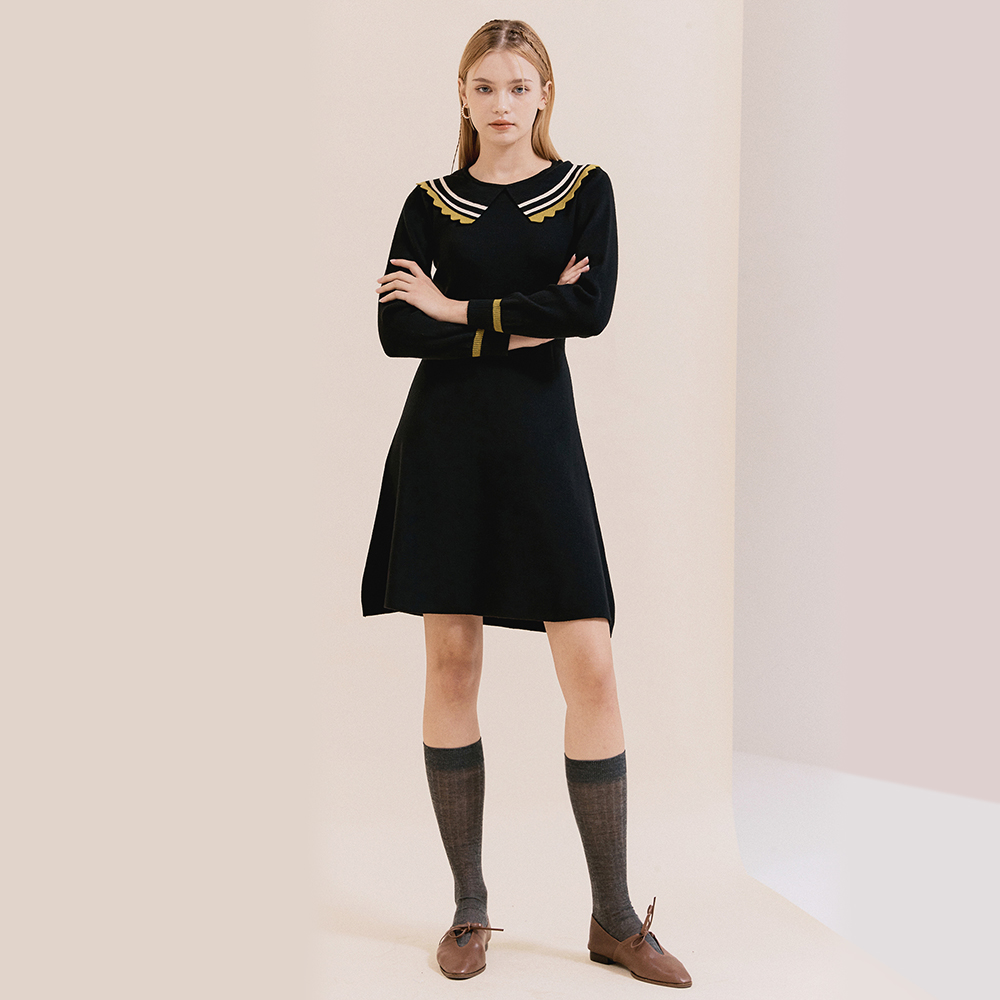 샤틴 물결 카라 니트 원피스 O223T912