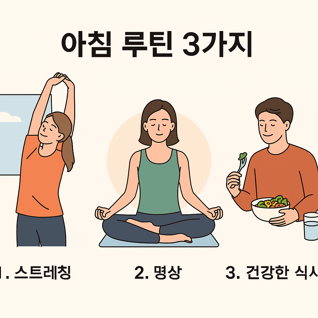 아침 루틴 3가지: 스트레칭, 명상, 건강한 식사
