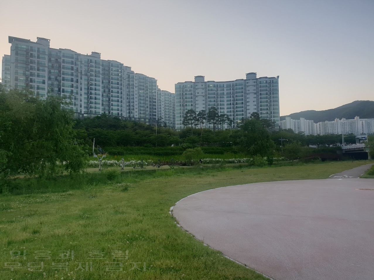 좌광천에서 산책로에서. 본 아파트.