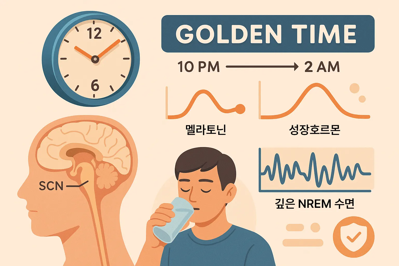 시교차상핵(SCN) 위치를 표시한 뇌 단면, 밤 10시~새벽 2시 ‘골든 타임’ 강조, 멜라토닌과 성장호르몬 분비 그래프, 깊은 NREM 수면 단계의 뇌파 패턴, 건강 회복을 상징하는 인포그래픽