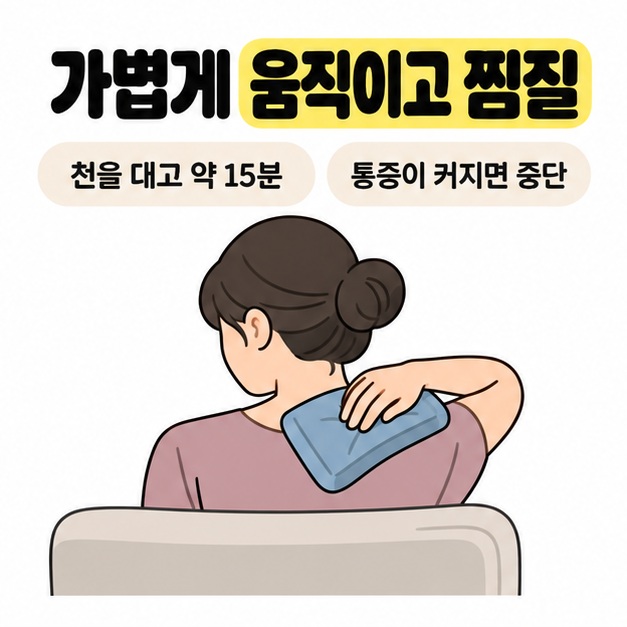 천을 대고 약 15분 찜질하며 통증이 커지면 중단하라는 안내와 등 위쪽에 찜질팩을 대는 사람