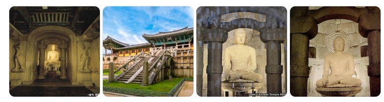 경주 불국사 전경과 석굴암 본존불 조각 이미지