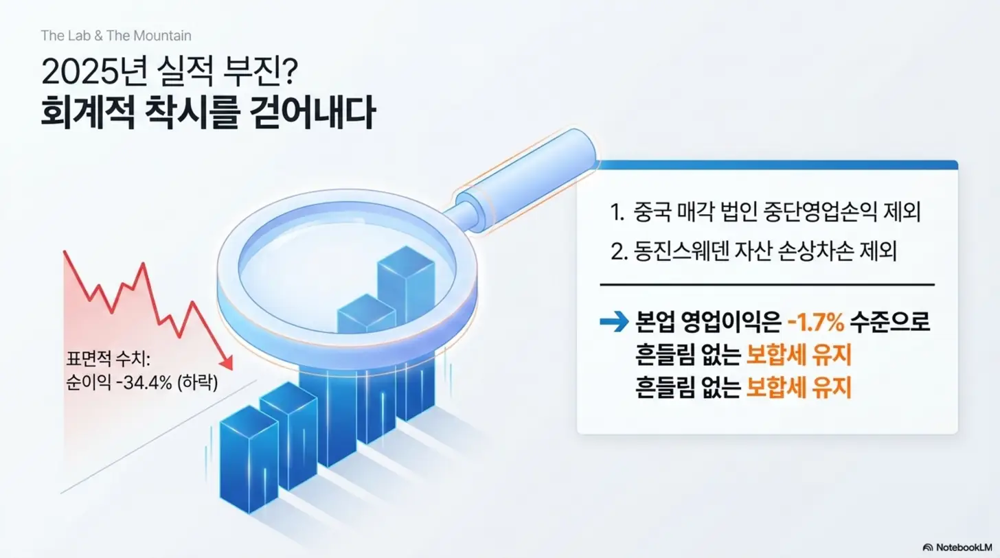 동진쎄미켐 주가 전망: 동진쎄미켐의 2025년 순이익 -34.4% 부진이 중국 매각법인 중단영업손익과 동진스웨덴 손상차손을 제외하면 본업 영업이익 -1.7% 보합 수준이라는 회계적 착시를 설명한 이미지