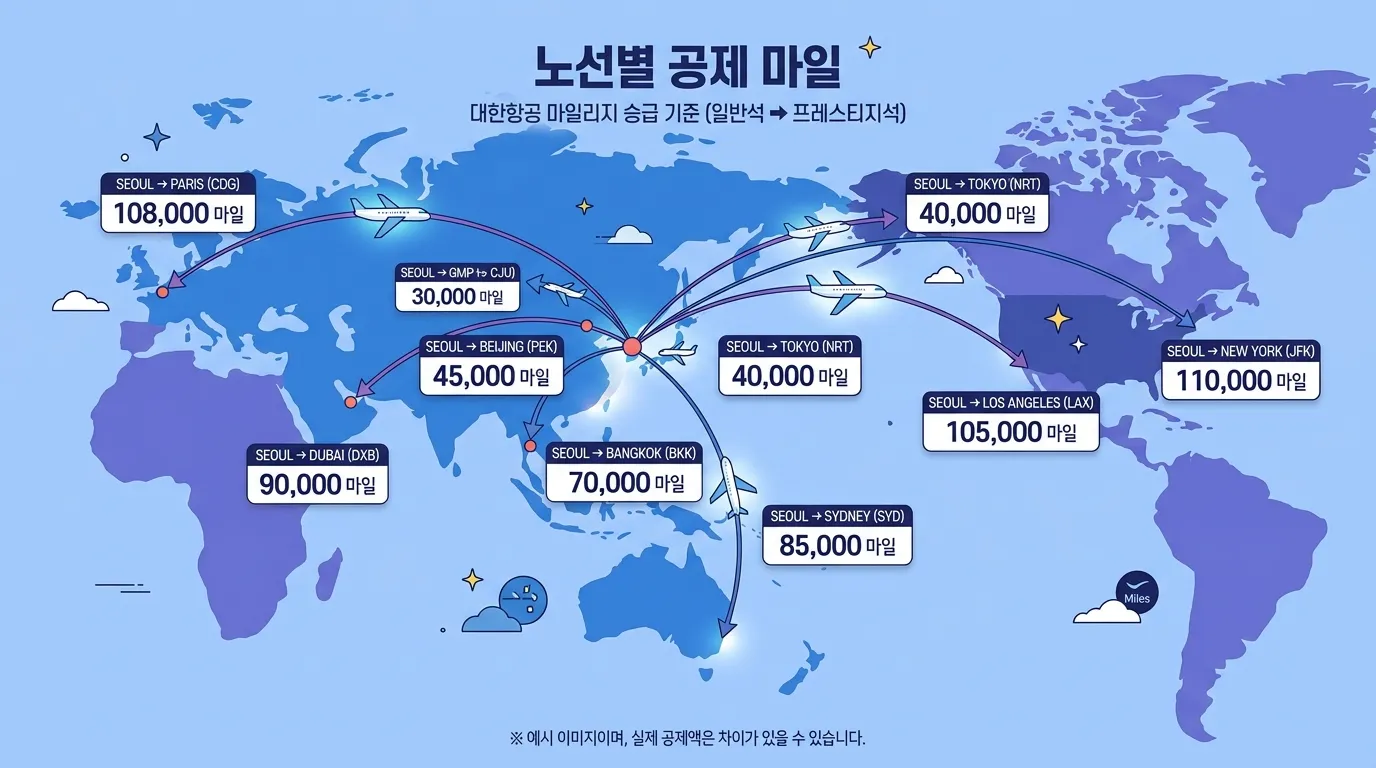 대한항공 노선별 마일리지 업그레이드 공제표를 비교하는 인포그래픽