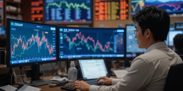 다중 모니터를 활용해 강원랜드 주가 변동을 실시간으로 모니터링하는 투자자의 장면