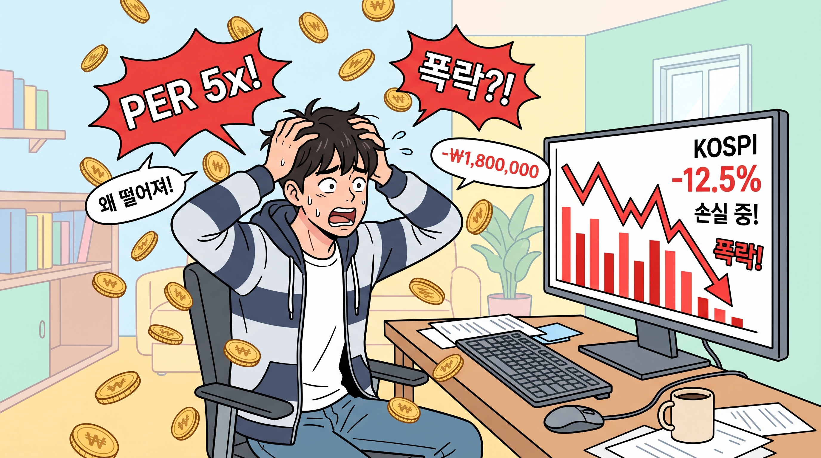 PER 낮은 주식 샀다가 손실 본 초보 투자자 웹툰 일러스트