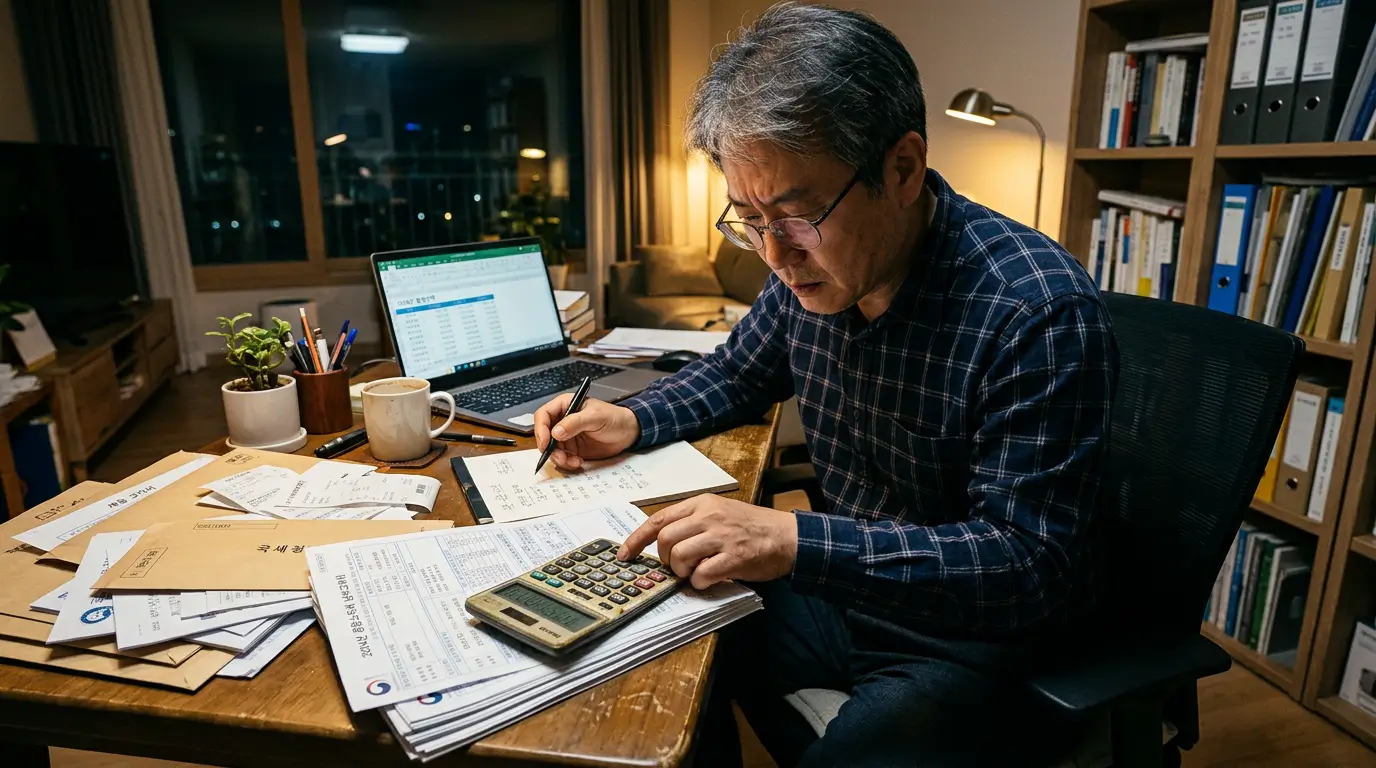 무거운 세금 고지서와 계산기를 두드리며 절세 방안을 찾는 모습