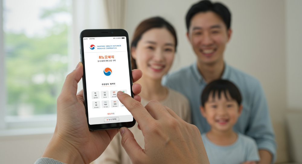 스마트폰을 이용해 건강보험 피부양자를 온라인으로 신청하는 모습, 가족의 건강보험료 절약을 상징