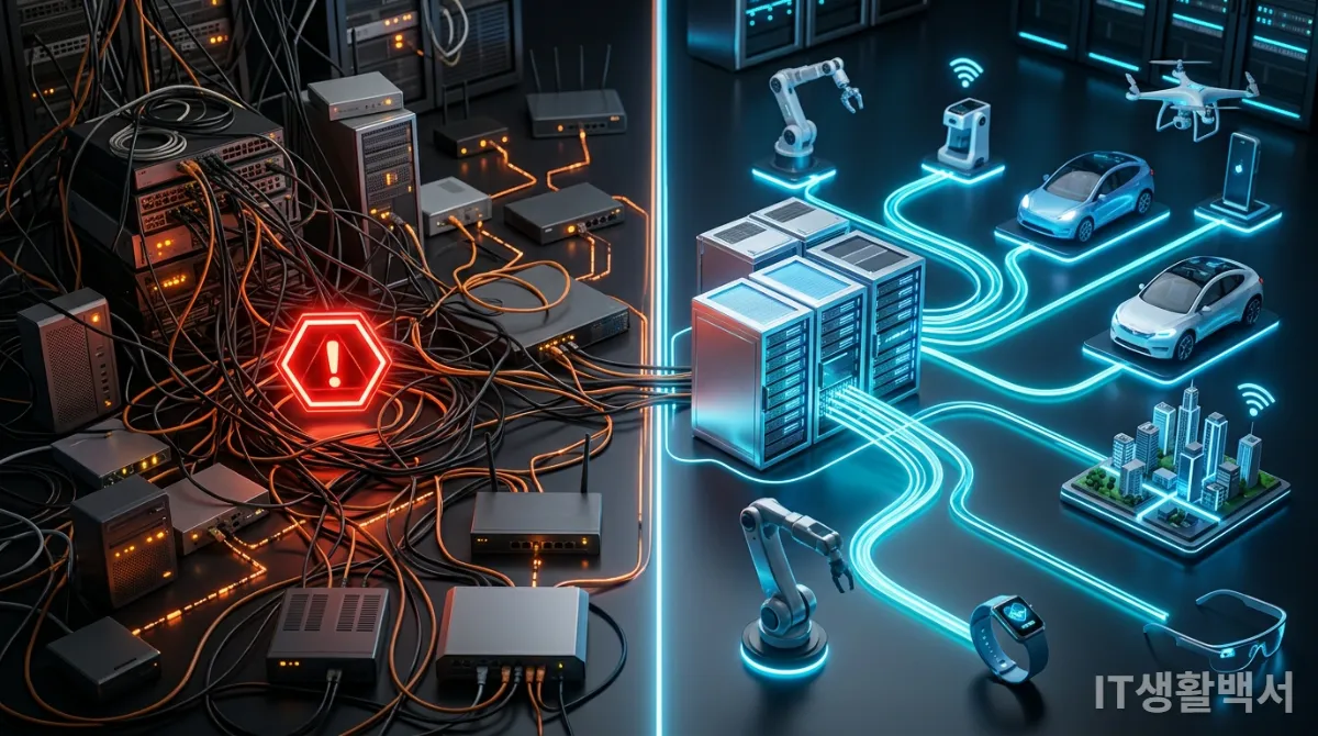 엣지 컴퓨팅의 복잡성과 보안 문제를 나타내는 동시에 밝은 미래와 혁신 가능성을 보여주는 상징적인 이미지