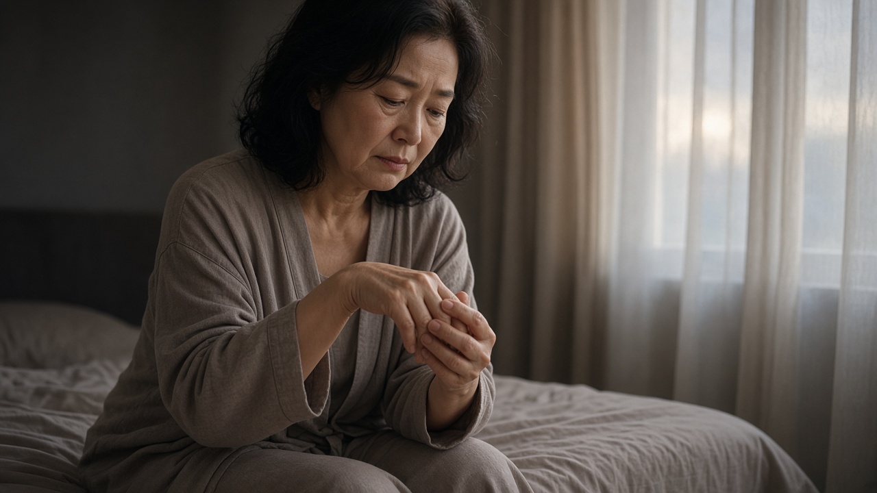 새벽 침대에 앉아 저린 오른손을 털며 손가락을 주무르는 50대 여성
