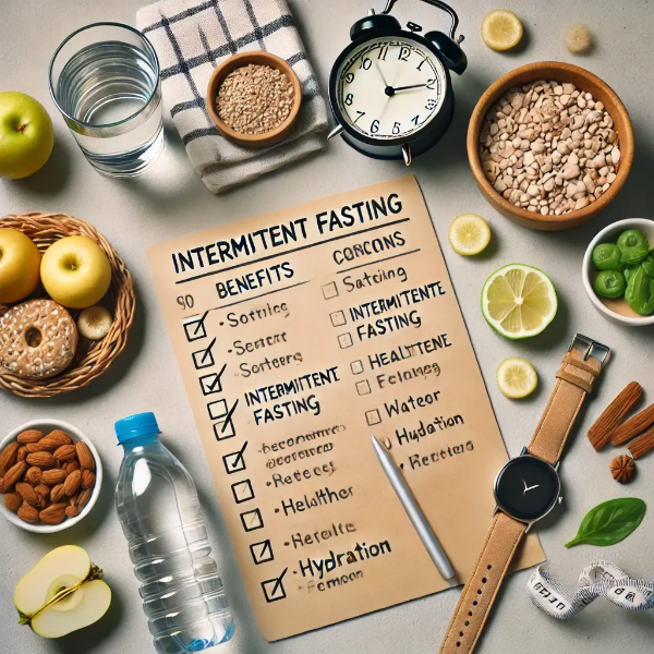 간헐적 단식의 장단점이 적힌 체크리스트와 시계, 건강식, 수분 보충용 레몬물 등이 깔끔하게 배열된 상단 뷰