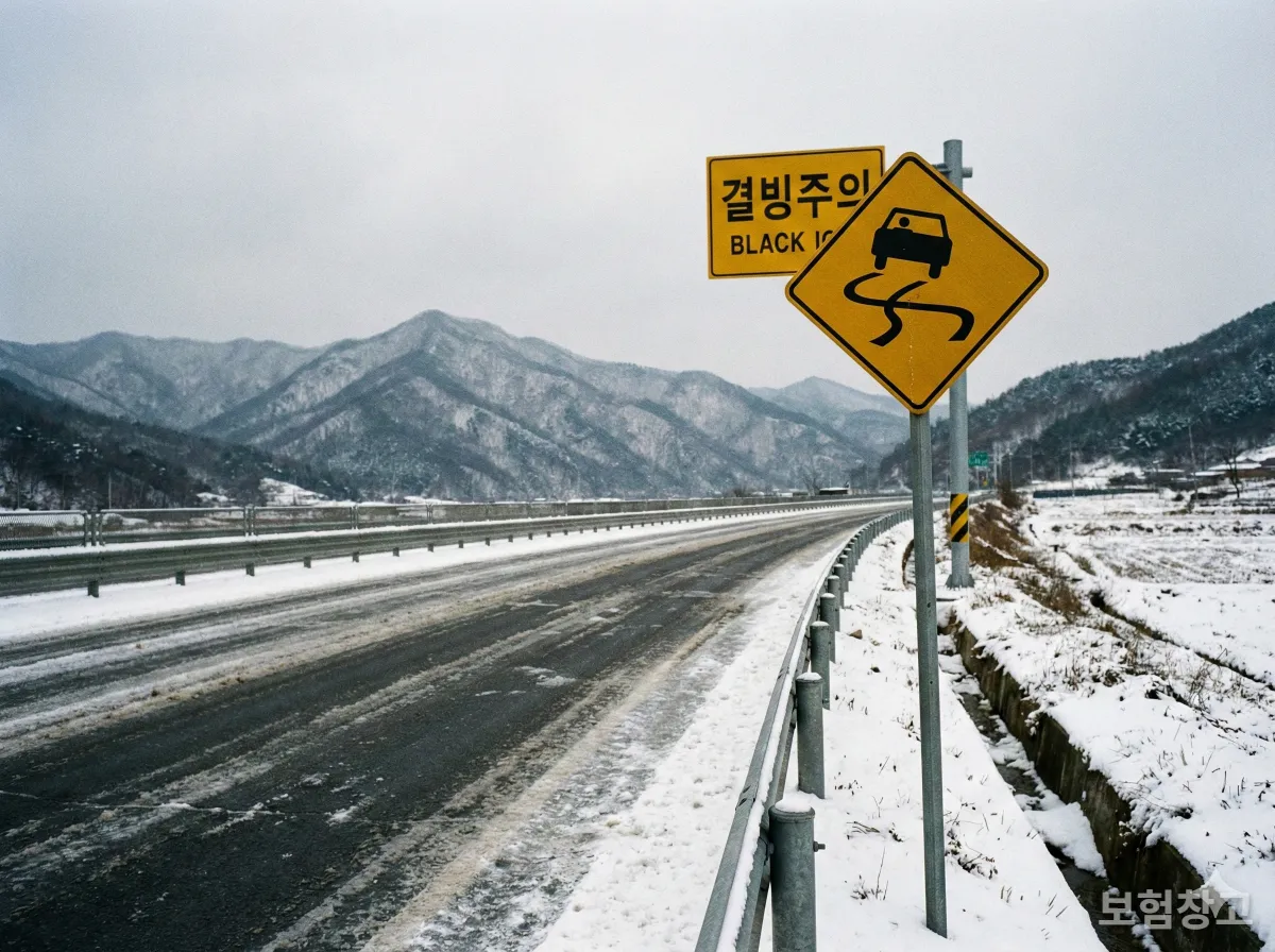 한국 겨울 도로변에 설치된 결빙주의 표지판과 관리가 부족한 도로 상태