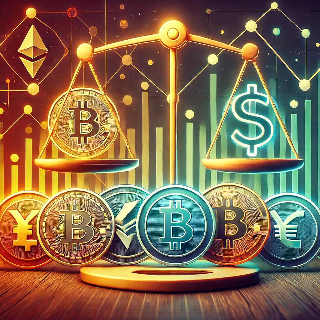 법정화폐와 암호화폐 교차, 스테이블코인의 안정성을 상징.