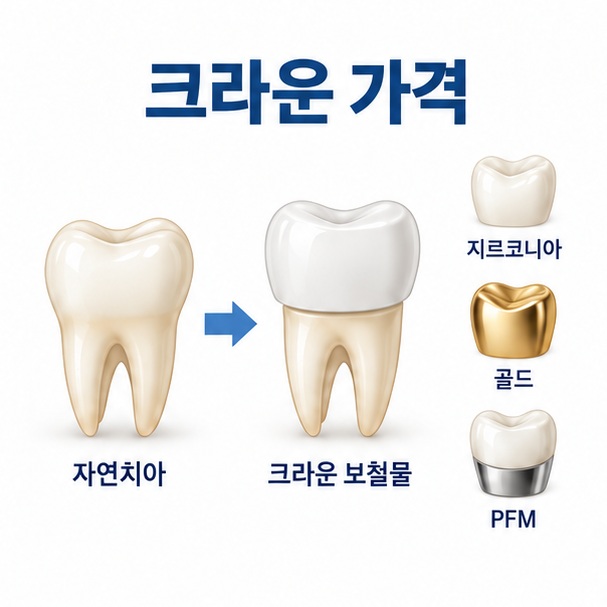 치아 모형과 크라운 보철 아이콘 위에 크라운 가격이라는 글자가 중앙에 배치된 교육용 인포그래픽