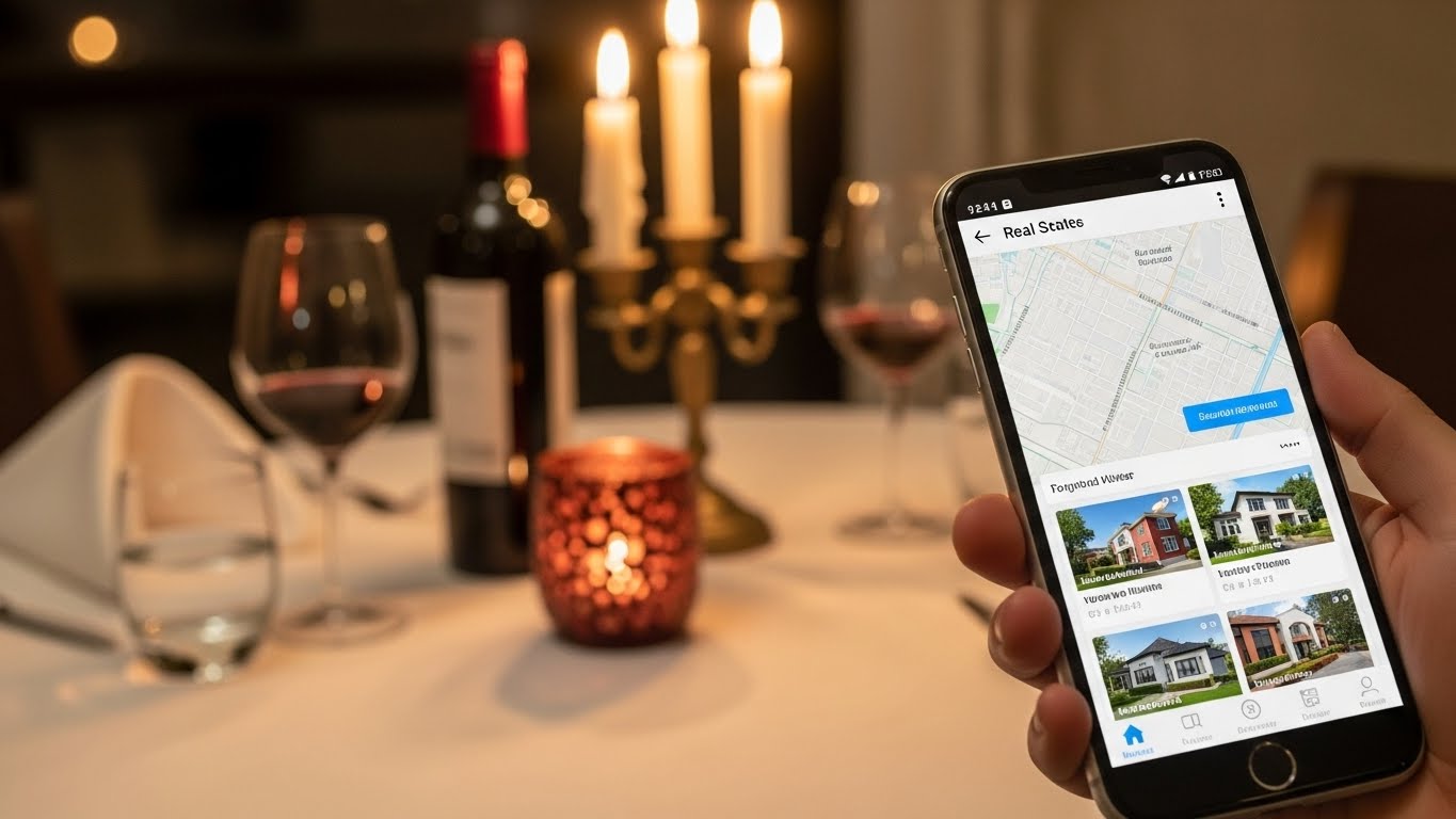 크리스마스 저녁, 낭만적인 분위기 속에서도 미래를 위해 청약 정보를 확인하는 현실적인 커플