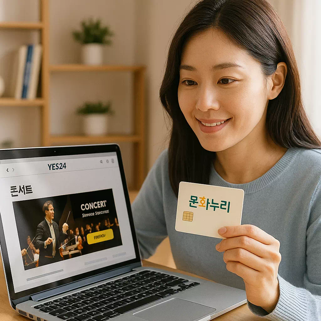 문화누리카드를 이용해 인터넷에서 콘서트를 예매하는 젊은 여성