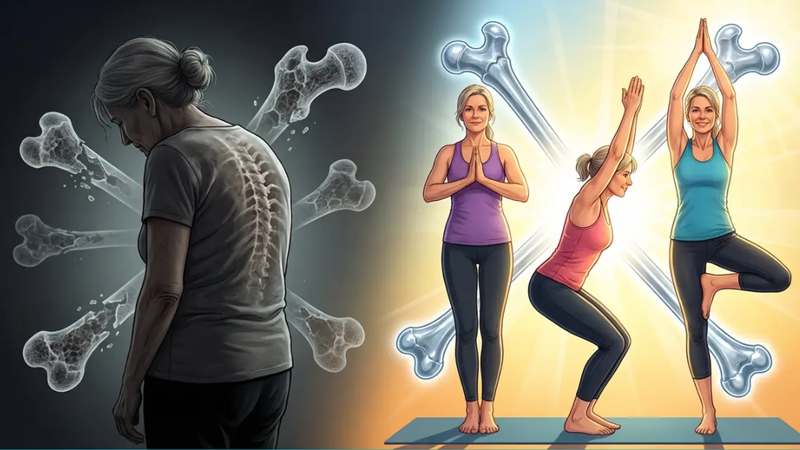허리 굽고 키가 줄어든 50대 중년 여성이 하루 5분 골다공증 예방 요가를 통해 젊고 꼿꼿한 자세를 되찾는 Before/After 모습. 뼈 건강과 요가.