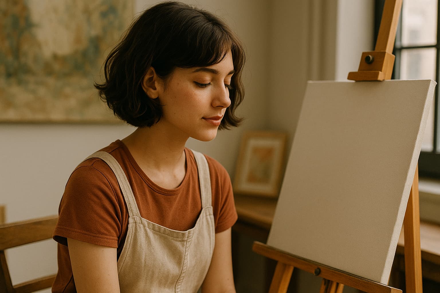 빈 캔버스를 바라보며 몰입하는 여성 예술가, 창의성과 감성의 조화를 이루는 ISFP의 모습