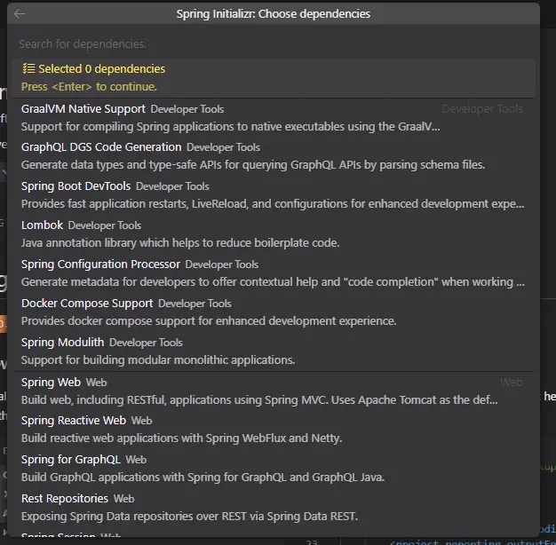 프로젝트에서 사용할 의존성 선택