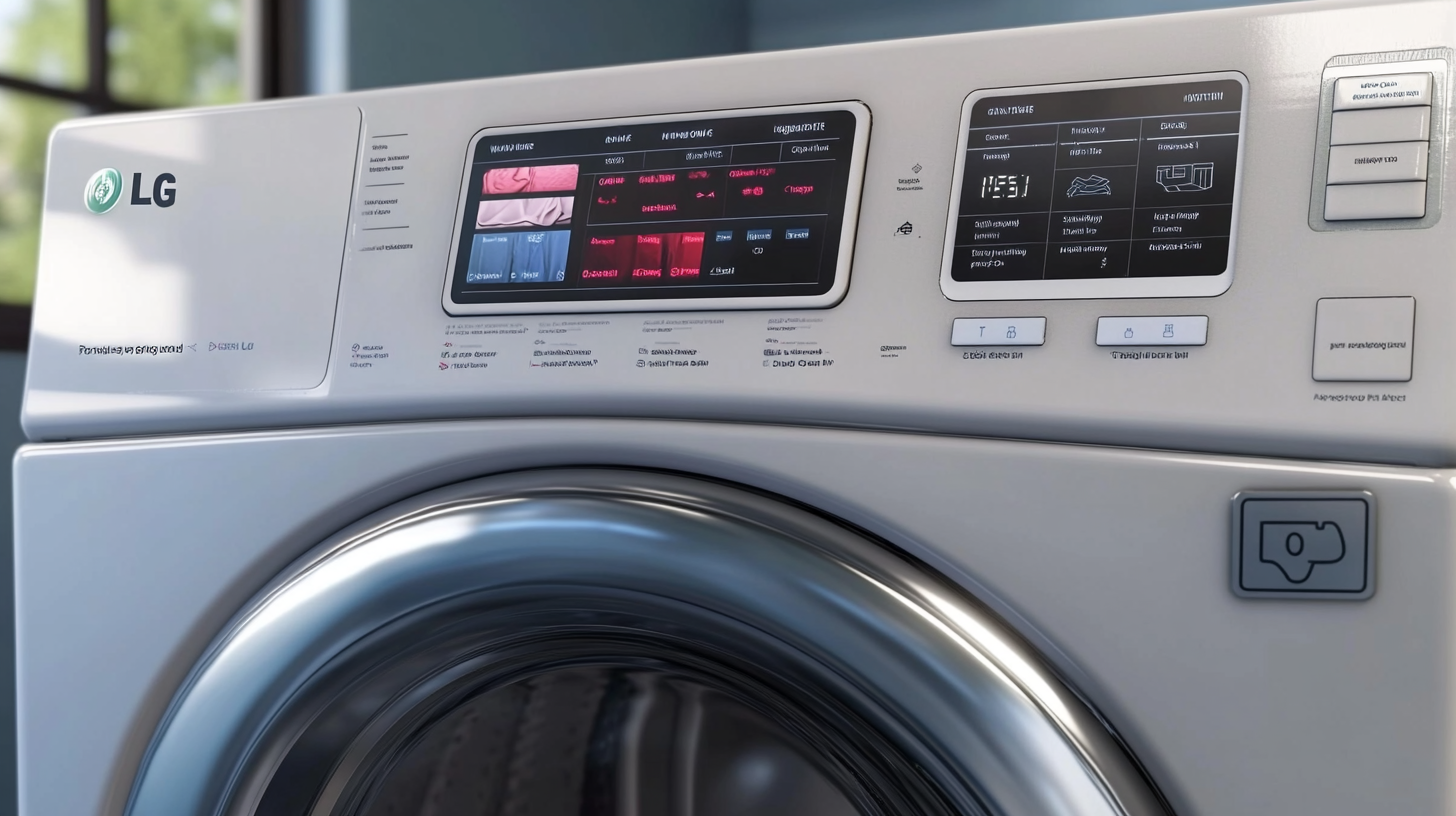LG 워시타워의 AI 기반 스마트 기능을 부각한 클로즈업 이미지, 다양한 의류 종류에 맞춘 세탁 및 건조 프리셋이 강조된 디지털 디스플레이 패널
