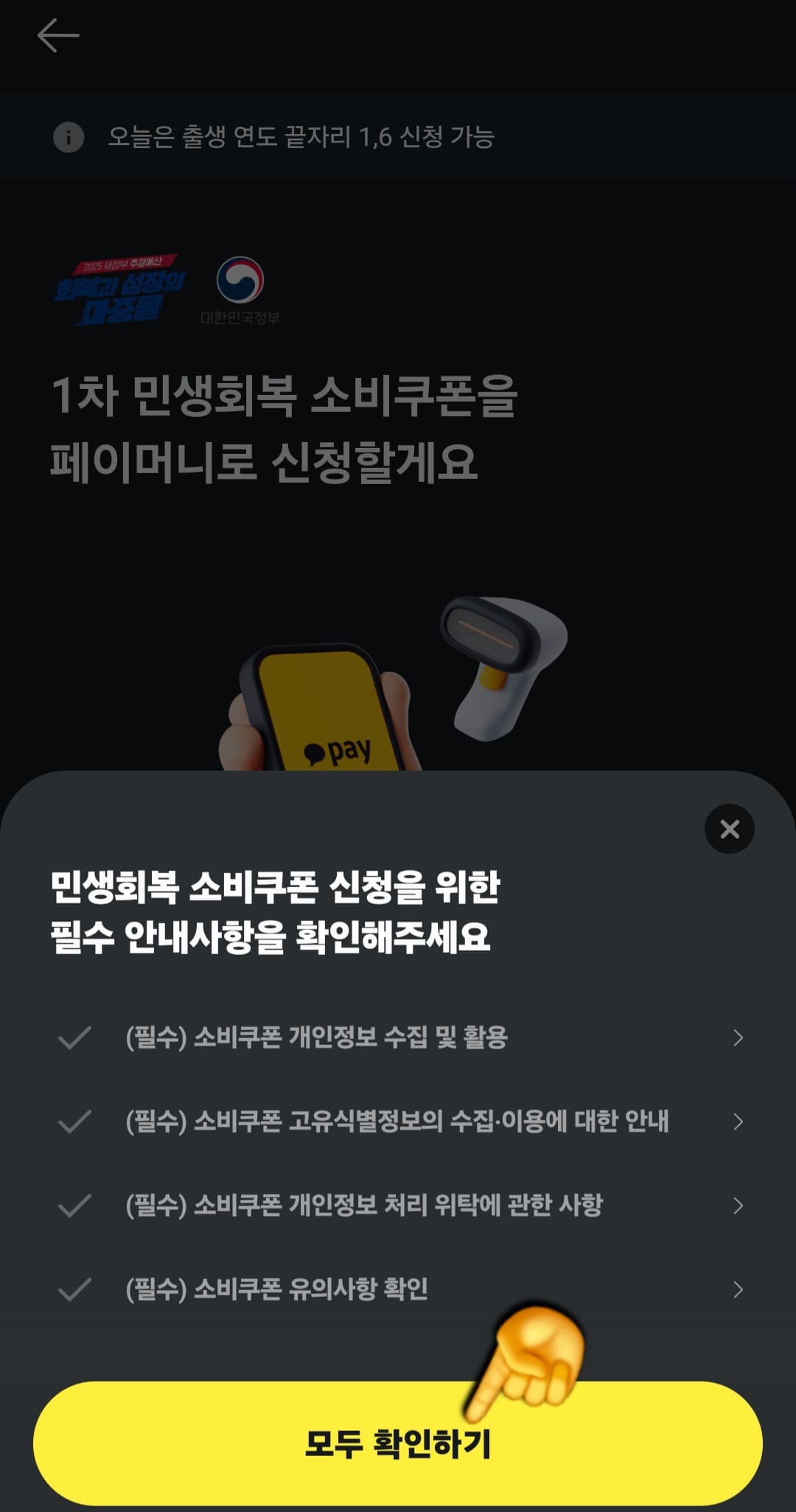 카카오페이-민생지원금-신청방법-안내-그다음&amp;#44;-민생회복-소비쿠폰-신청을-위한-필수-안내사항을-확인해주세요.라는-페이지가-하단에-나오는데&amp;#44;-여기서-모두-확인하기를-클릭합니다.