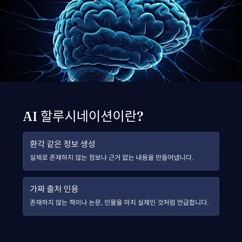 AI 할루시네이션 정의 시각화: 디지털 뇌 이미지, AI 할루시네이션의 개념과 가짜 정보 생성 경고