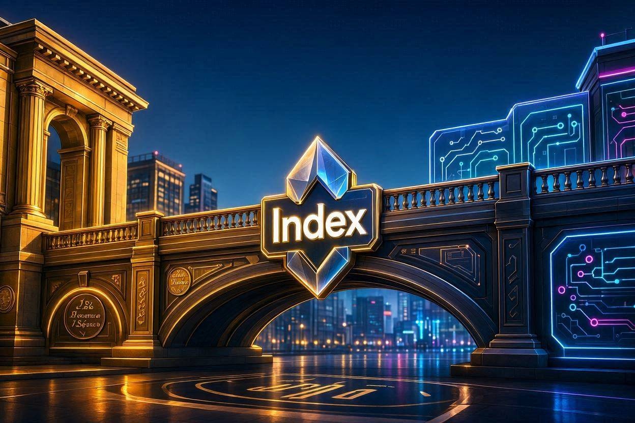 A conceptual illustration of a bridge connecting traditional gold-colored financial architecture with futuristic neon-lit crypto circuits, symbolizing the convergence of traditional and digital asset markets