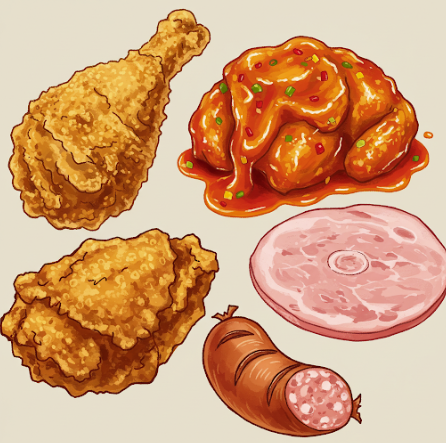 치킨, 소시지와 같은 건강에 안 좋은 음식