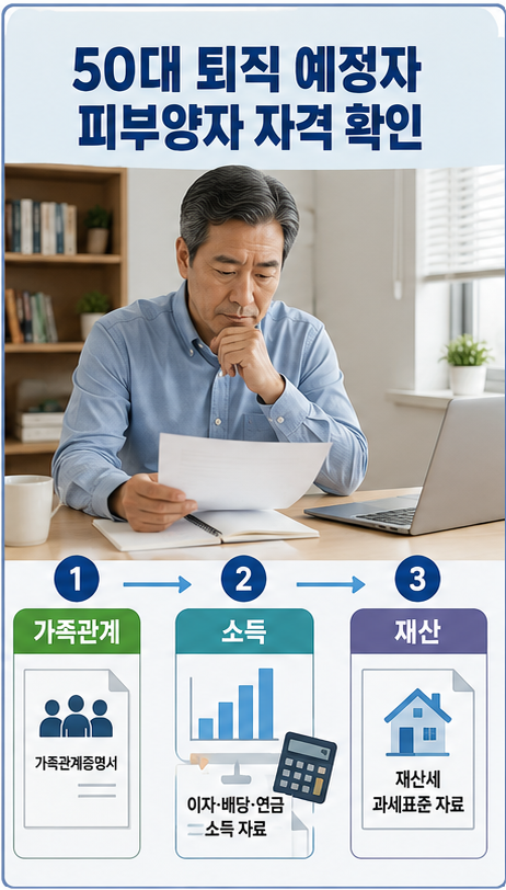 건강보험 피부양자 자격을 가족관계 소득 재산 순서로 확인하는 구조