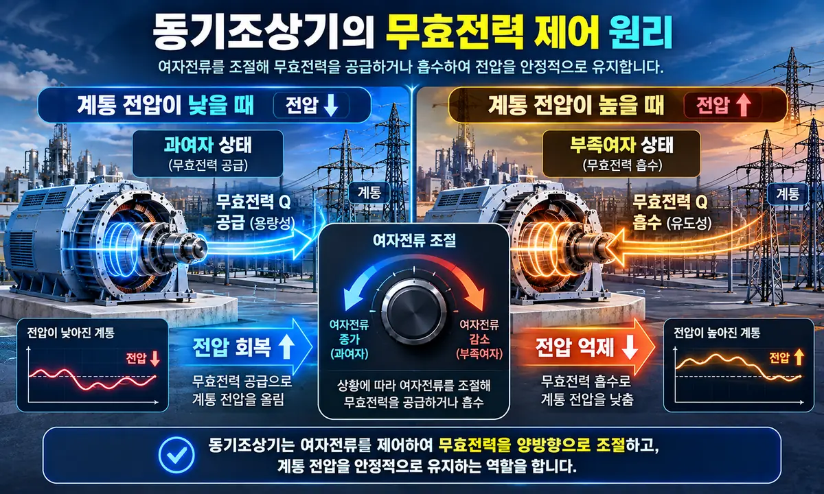 동기조상기의 무효전력 공급과 흡수 전압제어 원리