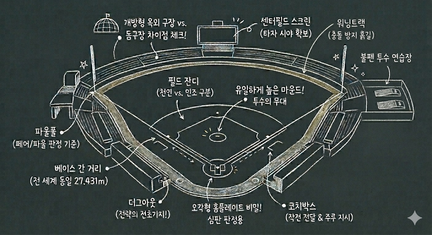 야구 경기장의 전체적인 구조와 파울폴, 더그아웃, 불펜, 홈플레이트 등 주요 명칭 및 규격을 손그림 형태로 정리한 가이드 다이어그램