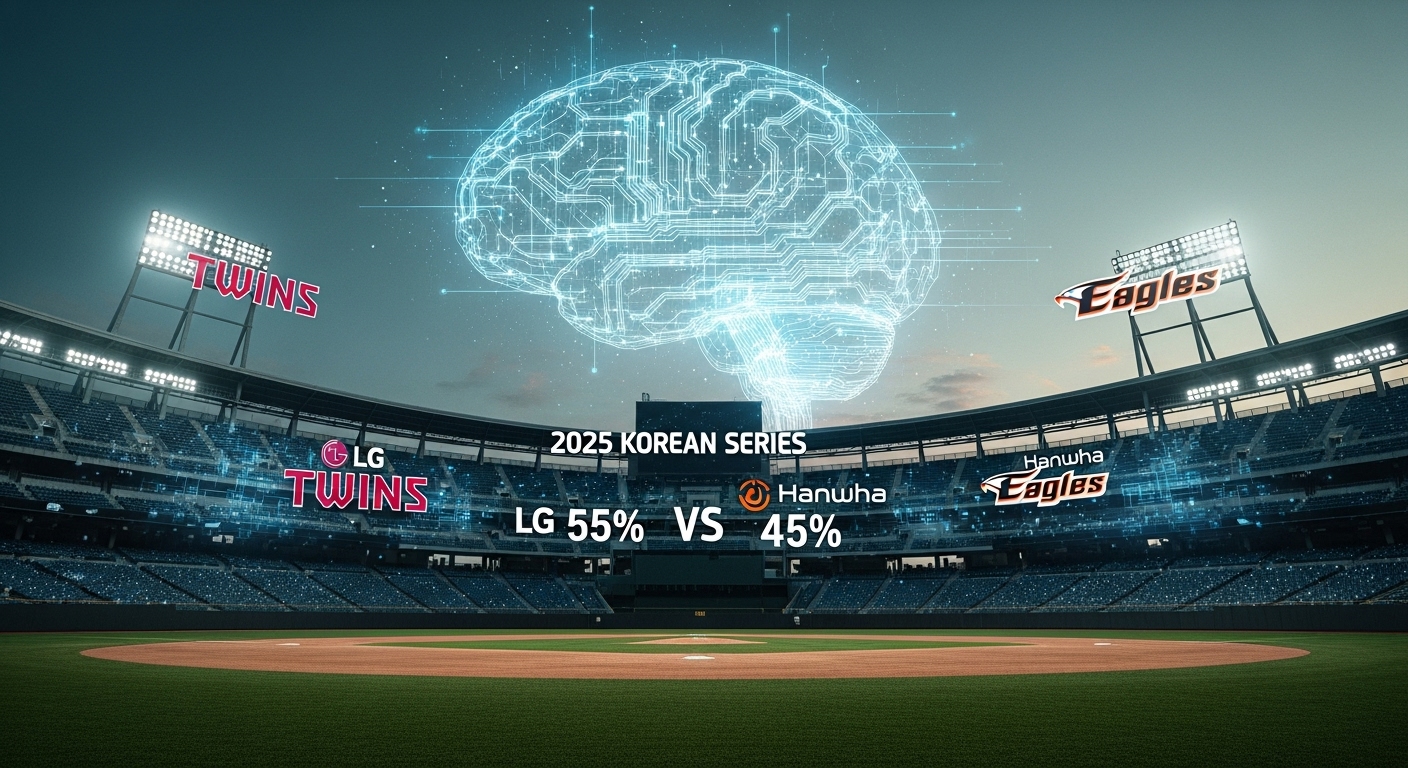 2025년 한국시리즈 우승 확률을 예측하는 AI와 전문가 분석을 상징하는 이미지. LG 트윈스와 한화 이글스의 로고가 보이고, 경기장 상공에 인공지능이 데이터를 분석하는 듯한 빛나는 뇌 회로가 그려져 있다.