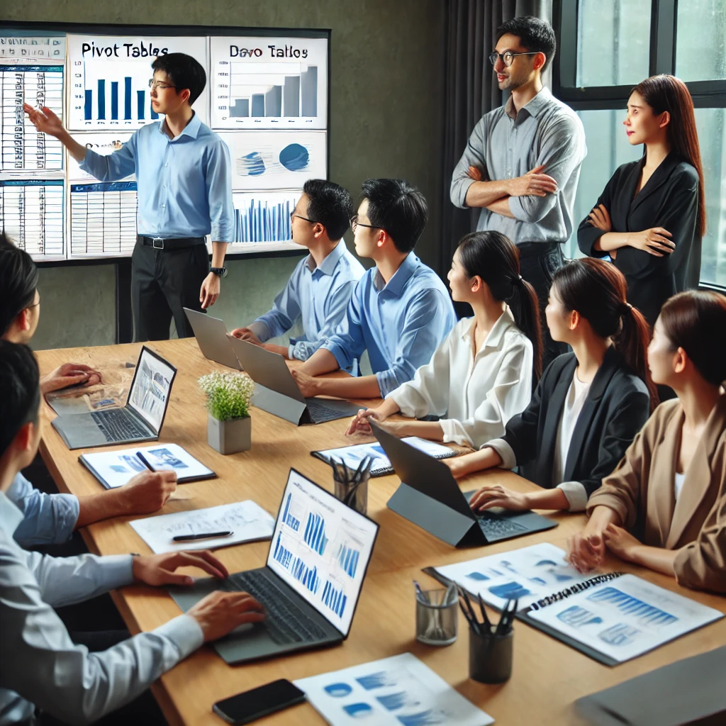 직장인 그룹이 교육실에서 피벗 테이블과 데이터 시각화와 같은 고급 엑셀 작업을 실습하며, 강사가 큰 화면에서 설명하는 모습에 모두가 몰입