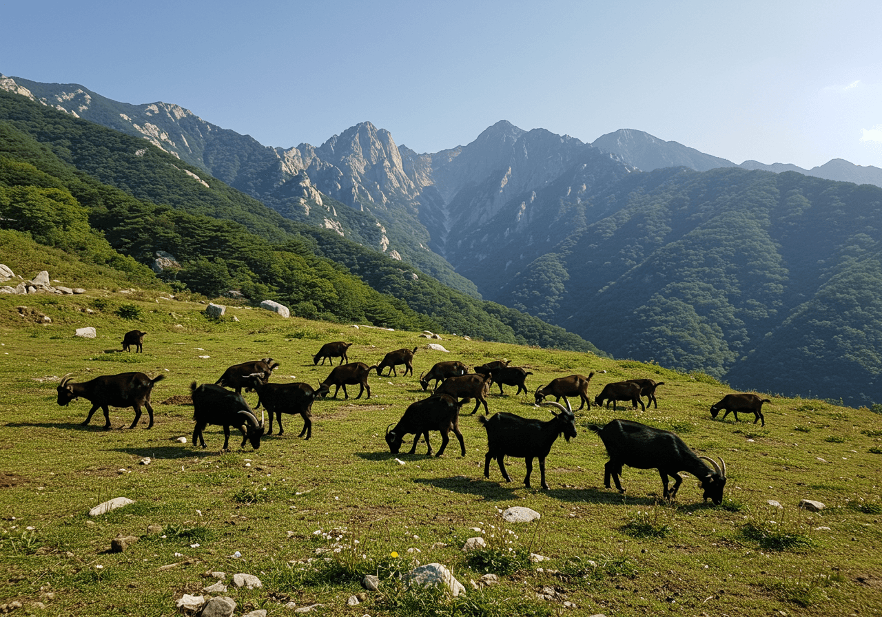 푸른 산과 초원을 배경으로 방목되는 흑염소 무리