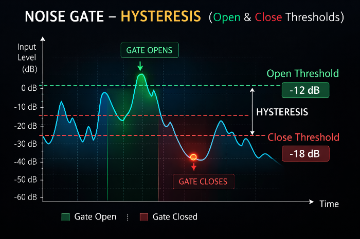 오작동 방지를 위한 게이트 히스테리시스(Hysteresis) 이중 문턱값 원리 도표