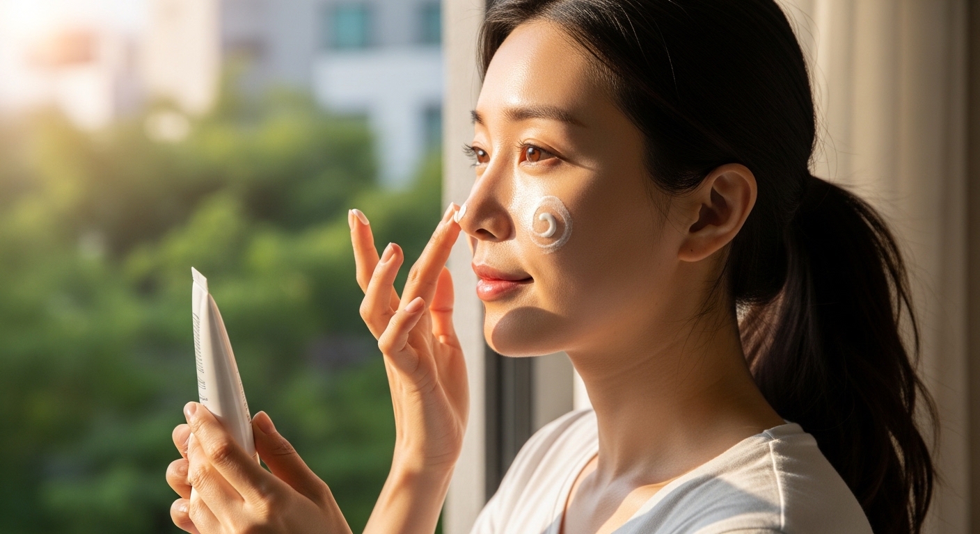 여성이-외출-전-창가에서-자외선차단제를-얼굴에-바르는-장면