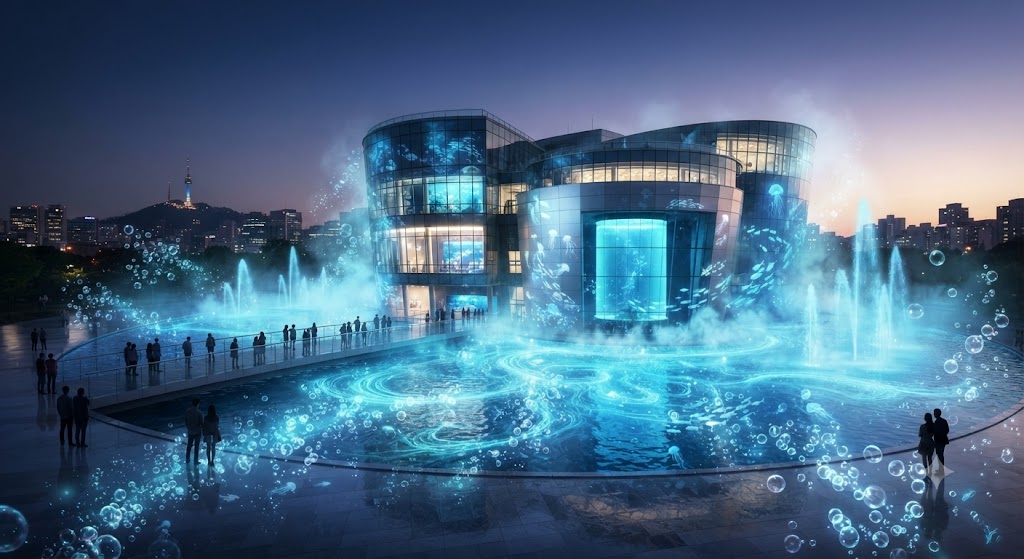 코엑스 아쿠아리움 건물의 아름다운 야경과 신비로운 바다 분위기가 어우러진 첫인상 전경
