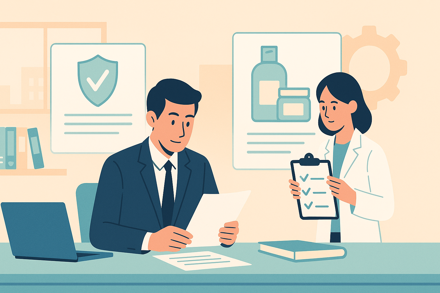 화장품 제조업 및 책임판매업자의 MFDS(식품의약품안전처) 등록&middot;준수 절차를 상징하듯, 정장을 입은 전문가와 실험복을 입은 담당자가 사무실 책상에서 문서와 체크리스트를 함께 검토하는 파스텔 톤 일러스트 배너로, 화장품 제조시설 요건&middot;품질관리기준&middot;책임판매관리자 의무 등 화장품법상 규제 준수 과정을 부드럽게 표현한 이미지.