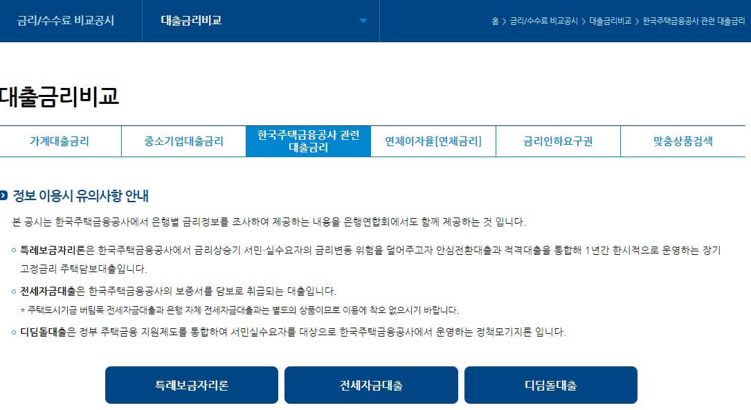 한국주택금융공사관련-대출금리-화면